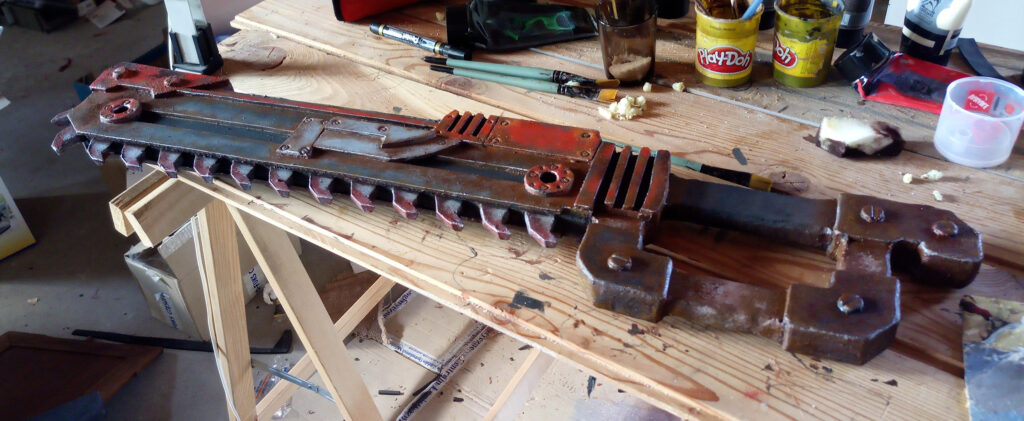 foam safe chainsword. under brush painting. (LARP weapon) postapocalyptic crafting