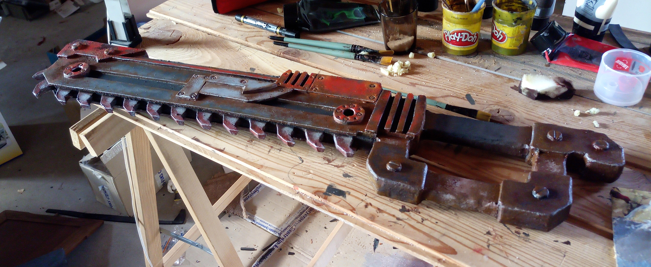 foam safe chainsword. under brush painting. (LARP weapon) postapocalyptic crafting
