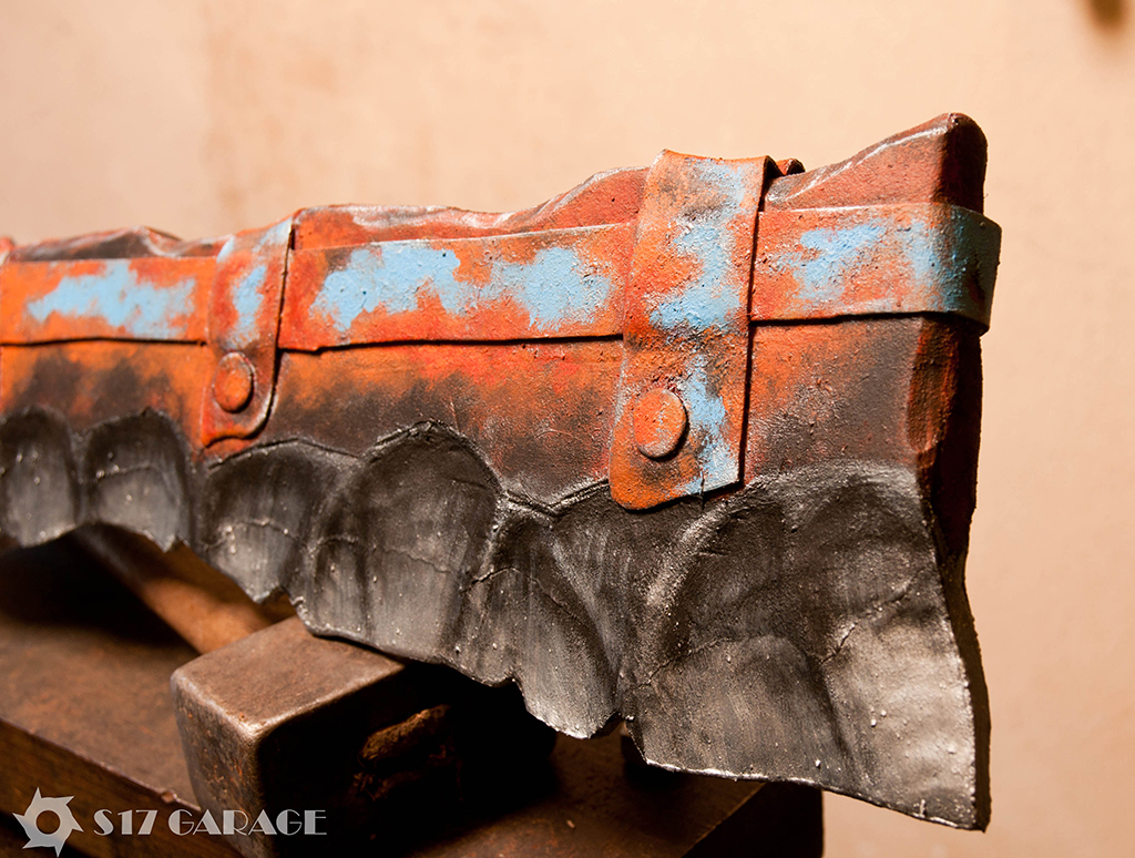 foam single-edged blade. rust effect. detail. LARP weapon. postapocalyptic crafting